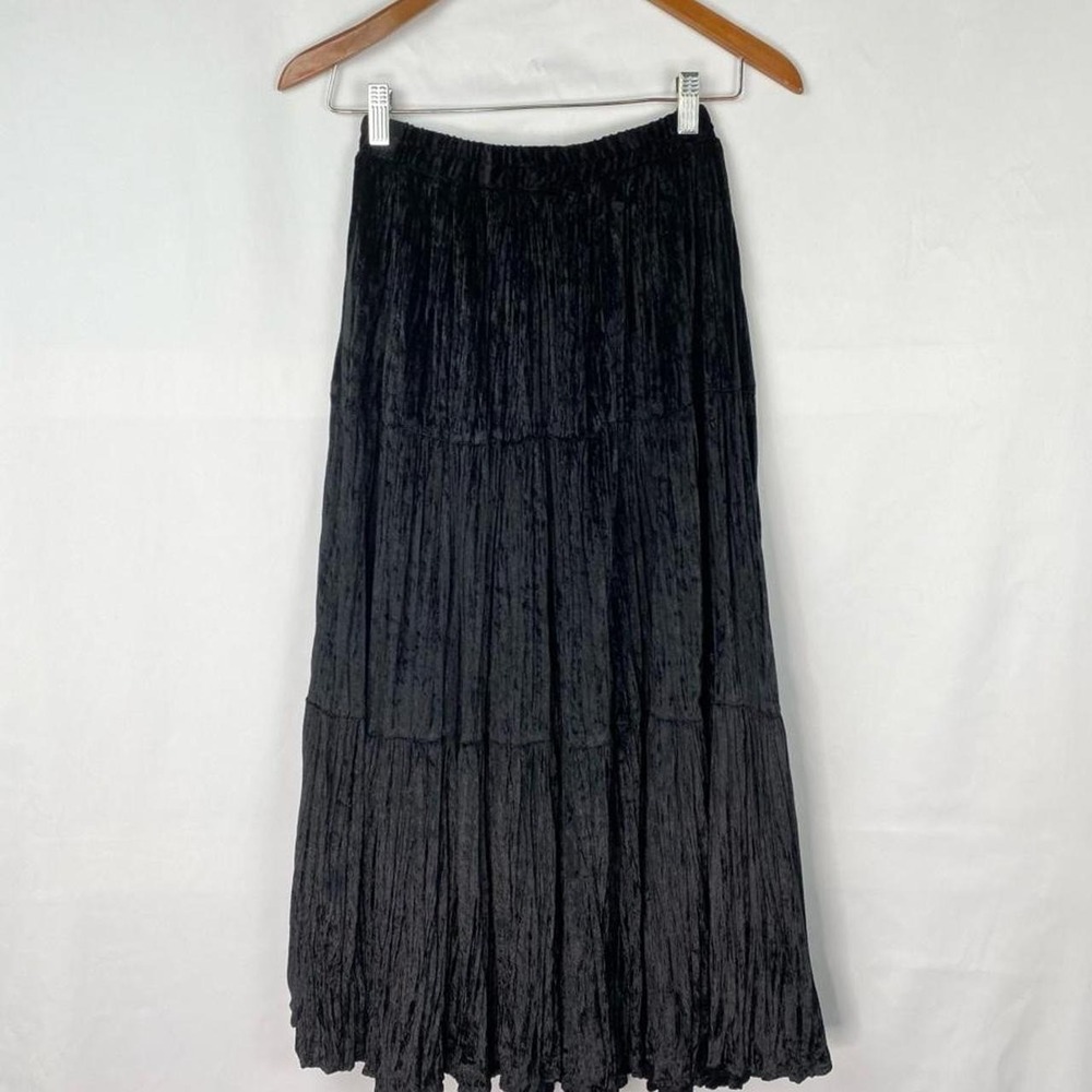 Circle T by Marilyn Lenox Tiered Maxi Skirt Velour Velvet Black Size Medium